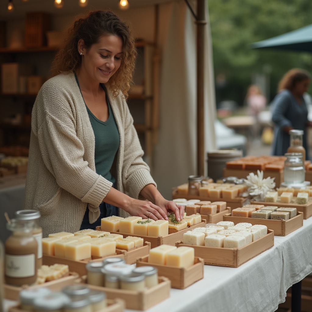 Puesto de feria artesanal con jabones y velas naturales exhibidos sobre un mantel de lino